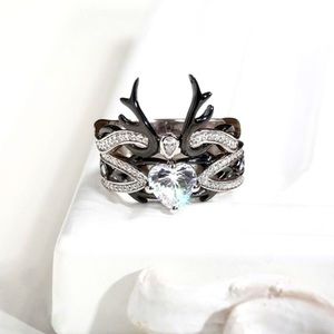 Gothic Heart Antler Ring Set- gunmetal black sizes 6, 8, 9 NEW